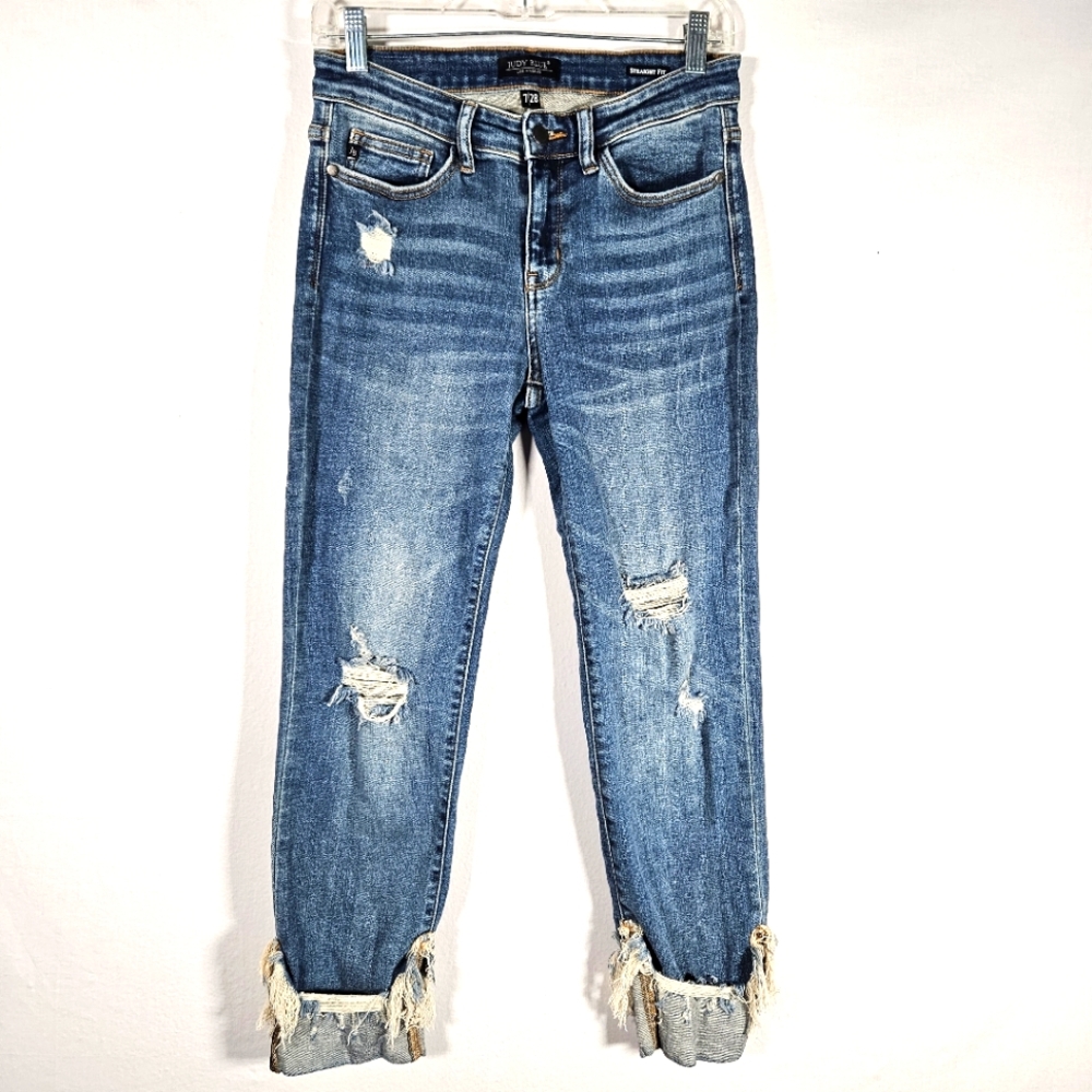Judy Blue Womens Straight Fit 7/28 Jeans Medium Wash Stretch Distressed Cuff Zip
